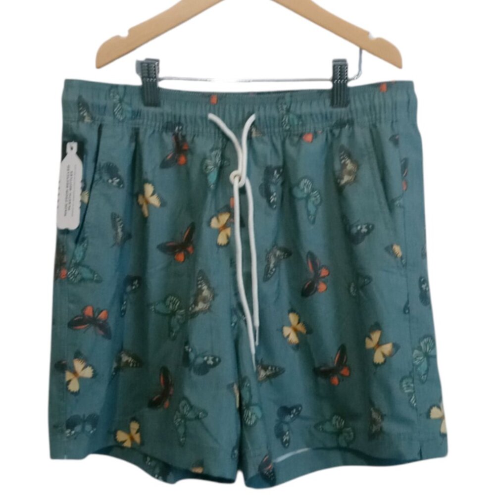 RSQ Swim Shorts Men's Green Butterfly Print Drawstring Pockets Size Medium